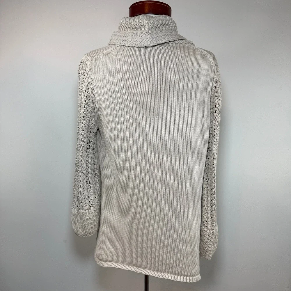 Elie Tahari Silk Cotton Open Front Cardigan Beige Braided Cable Knit Coastal M
